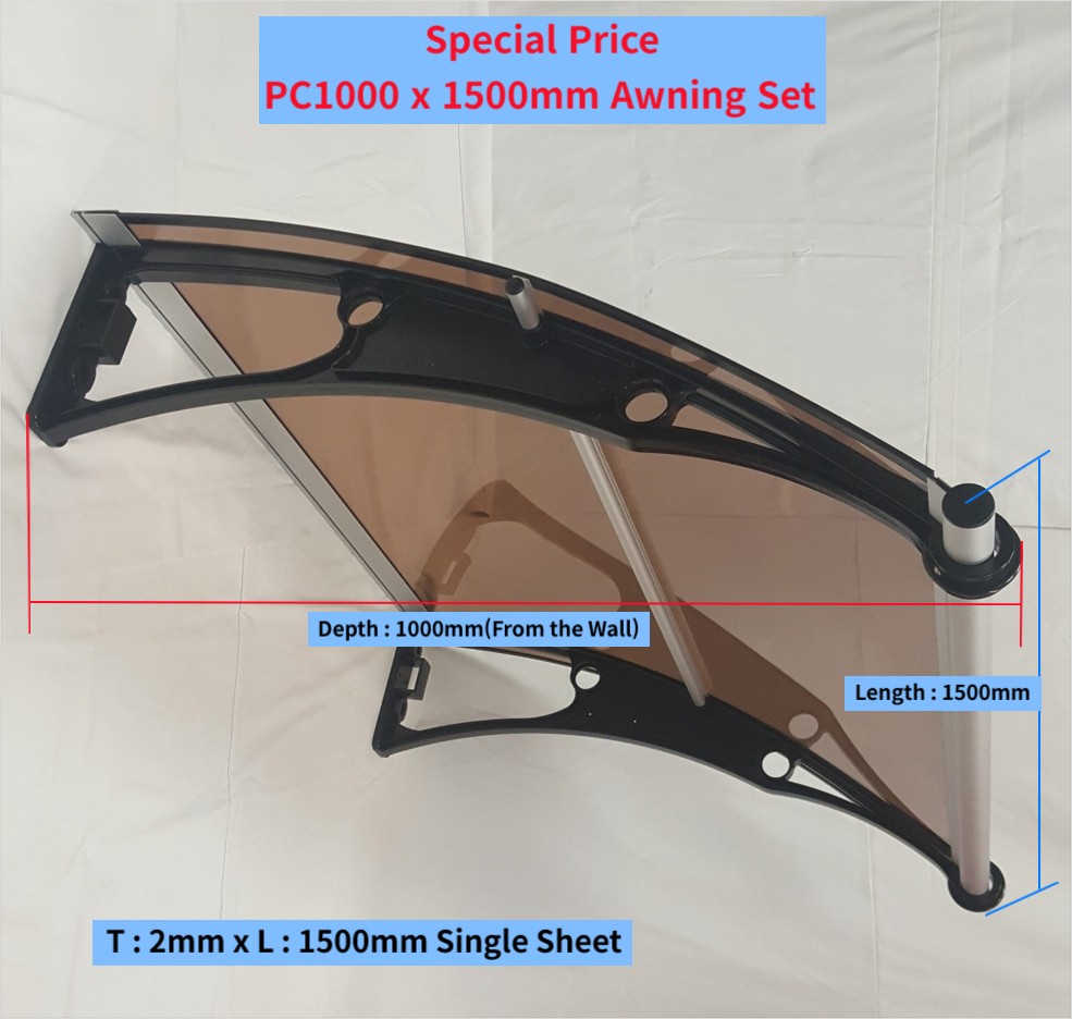 Canofix PC1000 x 1500mm Polycarbonate Awning Set, DIY window and door canopy, black brackets, 960mm projection, weather protection