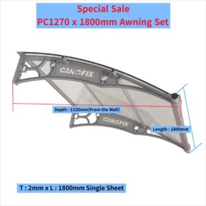 Canofix PC1270 x 1800mm Polycarbonate Awning Set, DIY window and door canopy, black, gray brackets, 1220mm projection, weather protection