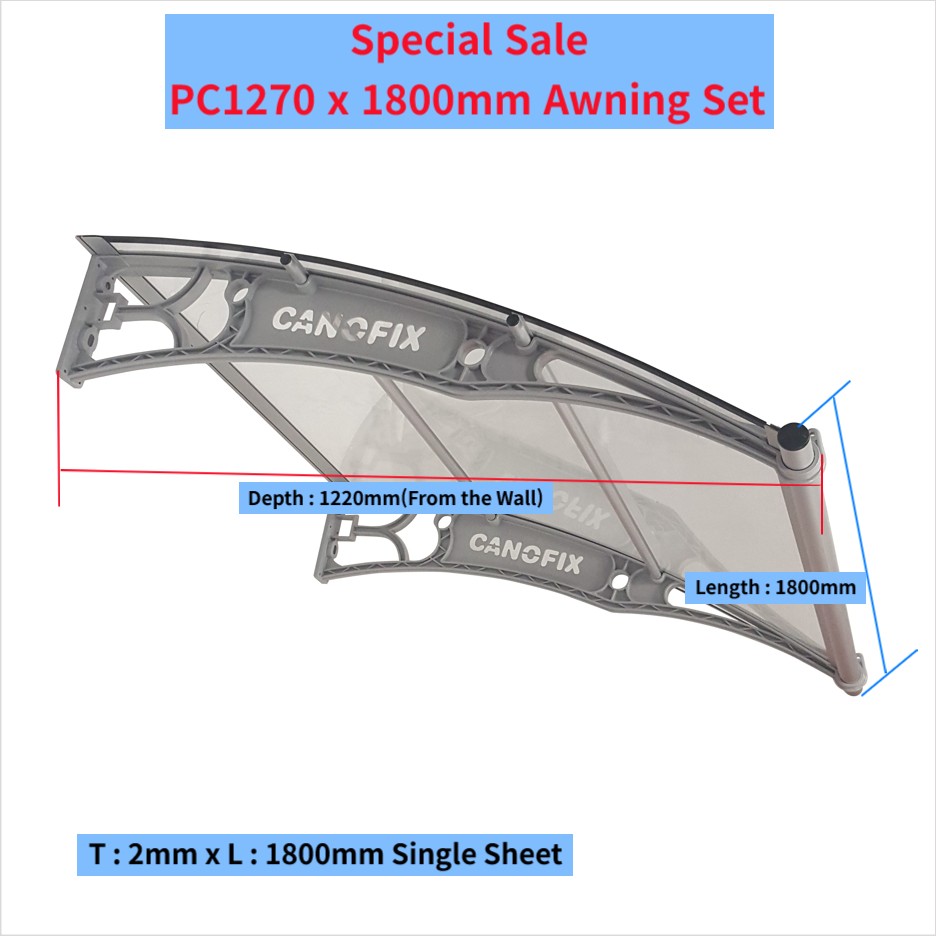 Canofix PC1270 x 1800mm Polycarbonate Awning Set, DIY window and door canopy, black, gray brackets, 1220mm projection, weather protection