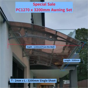 Canofix PC1270 x 3200mm Polycarbonate Awning Set, DIY window and door canopy, black, gray brackets, 1220mm projection, weather protection