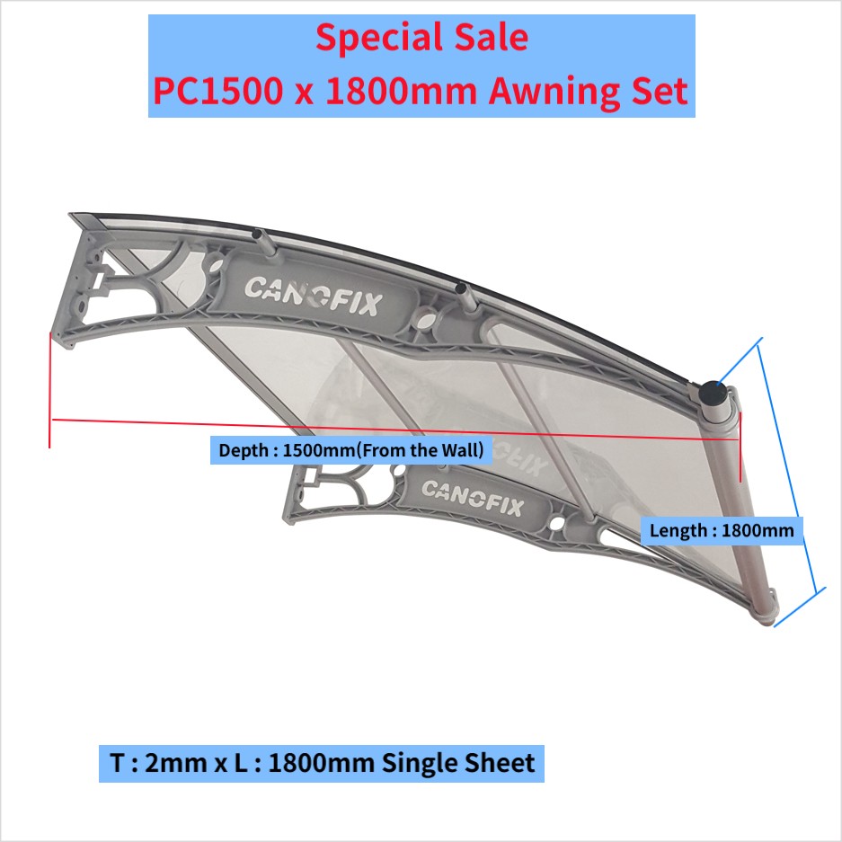 Canofix PC1500 x 1800mm Polycarbonate Awning Set, DIY window and door canopy, black, gray brackets, 1500mm projection, weather protection