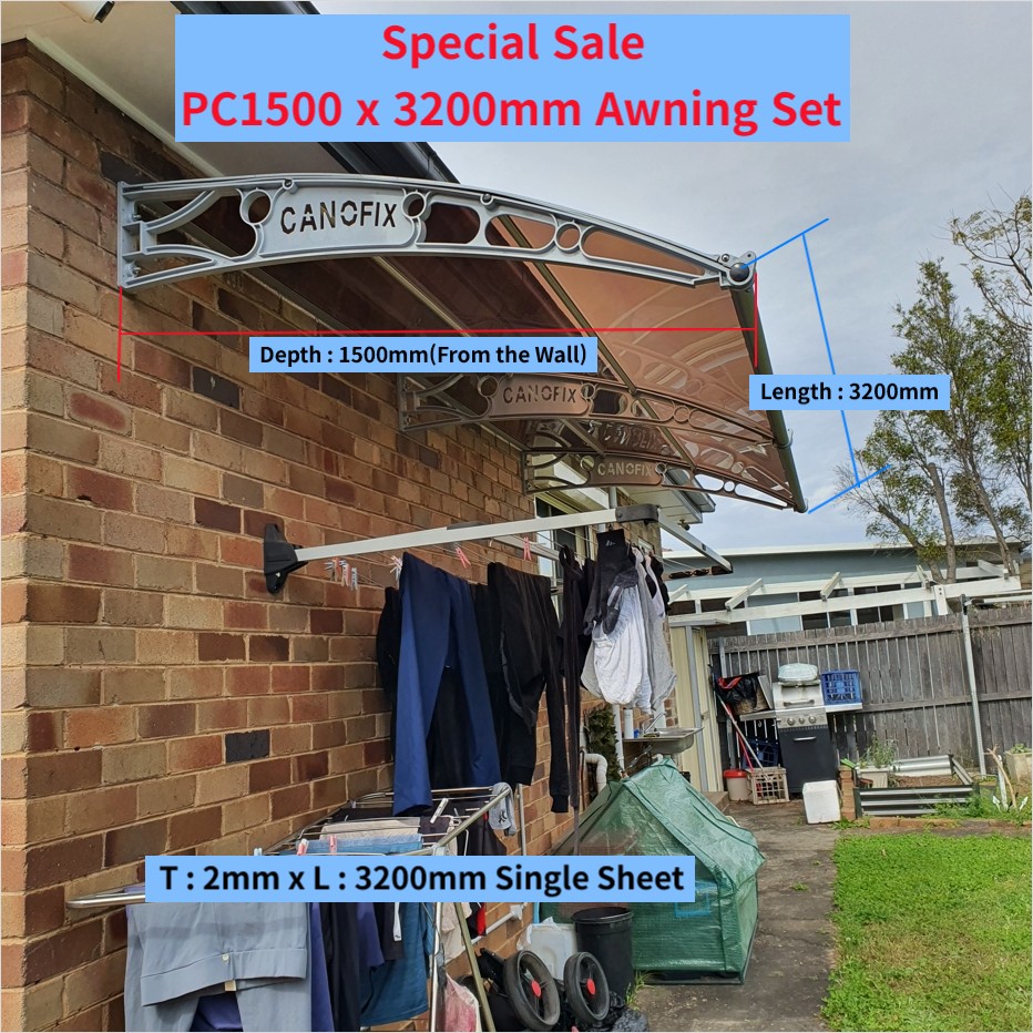 Canofix PC1500 x 3200mm Polycarbonate Awning Set, DIY window and door canopy, gray brackets, 1500mm projection, weather protection